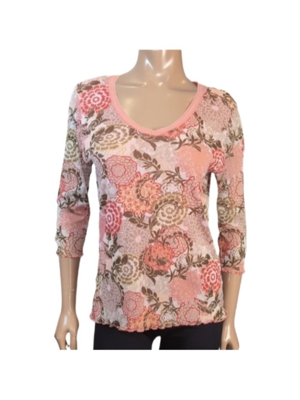 Vintage Y2K Olsen Floral Vneck Mesh Blouse Womens Blouse Pink Brown Floral Top